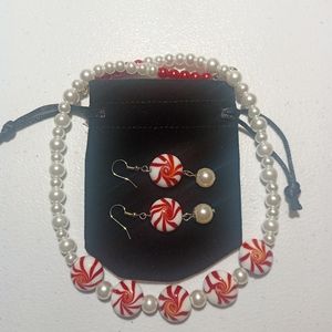 Christmas candy cane jewelry set necklace earrings handmade winter gift handmade